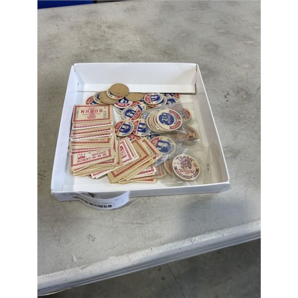 TRAY OF VINTAGE MILK CAPS, RIBBON COUPONS,