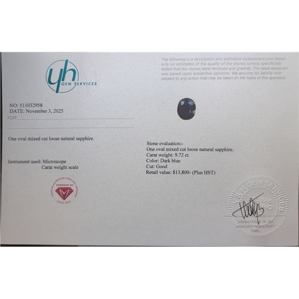 9.72 CT CERTIFIED MIDNIGHT SAPPHIRE GEMSTONE ($13,800 APPRAISAL)