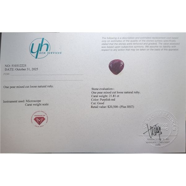 21.81 CT CERTIFIED RUBY GEMSTONE ($20,500 APPRAISAL)