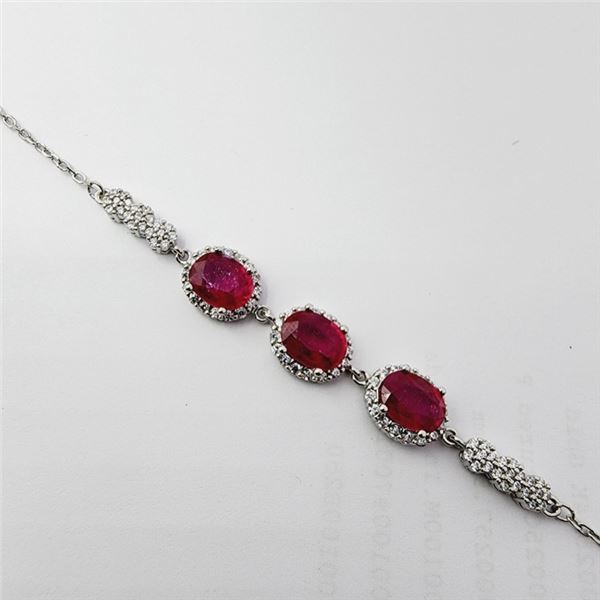 STERLING SILVER NATURAL ENHANCED RUBY (3.8CT) WITH CZ (1.4CT) BRACELET, W/A $1050.00. RUBY IS THE BI