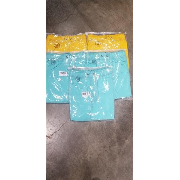 5 NEW PAIRS OF SIZE 32 SHORTS, 3 TEAL, 2 YELLOW