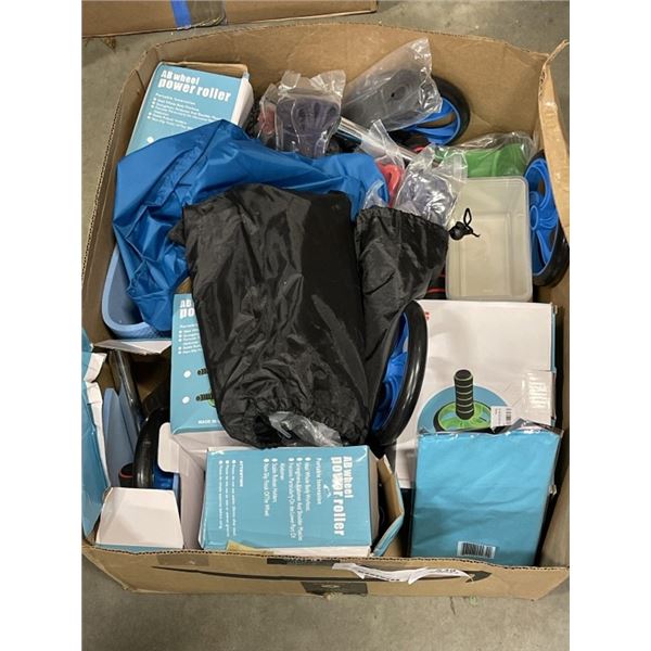 BOX OF NEW AB WHEEL ER POWER ROLLERS, RESISTANCE BANDS AND MORE
