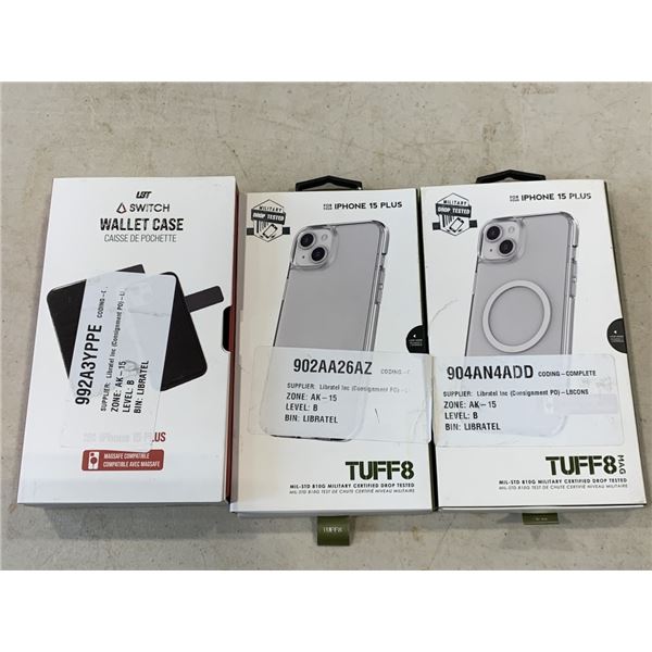 IPHONE 15 PLUS WALLET CASE AND 2 CASES