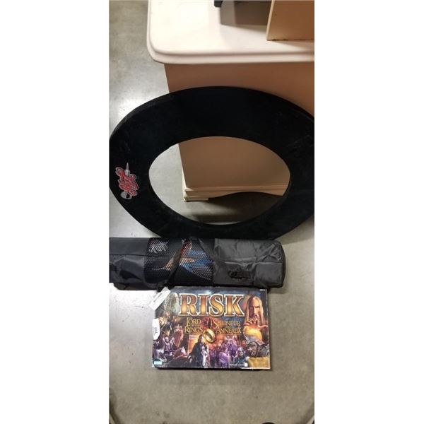 YOGA MAT WITH CARRY BAG, DARTBOARD MISS PROTECTOR AND LORD OF THE RINGS RISK GAME