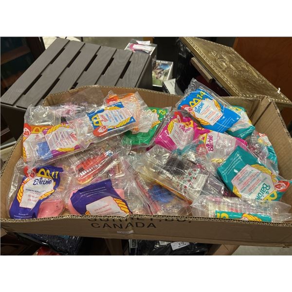 BOX OF VINTAGE MOSTLY SEALED COLLECTIBLE BARBIE MCDONALD'S TOYS