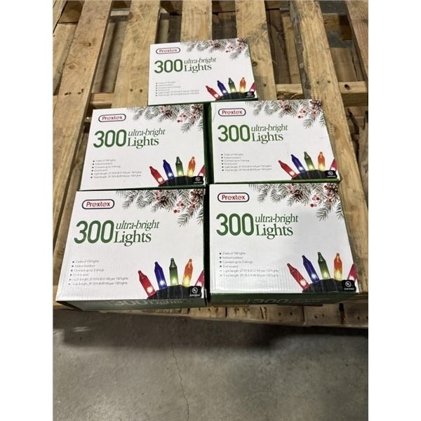 5 NEW PREXTEX 300 ULTRA BRIGHT LIGHTS CHRISTMAS LIGHT STRANDS, EACH BOX HAS 2 SETS OF 29FT STRANDS, 