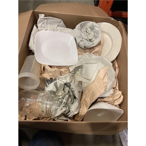BOX OF CORELLE DISHES CANVAS DISHES MASON JAR AND MORE