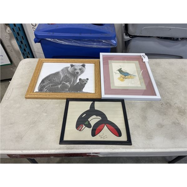 3 FRAMED ANIMAL PRINTS - 2 SIGNED