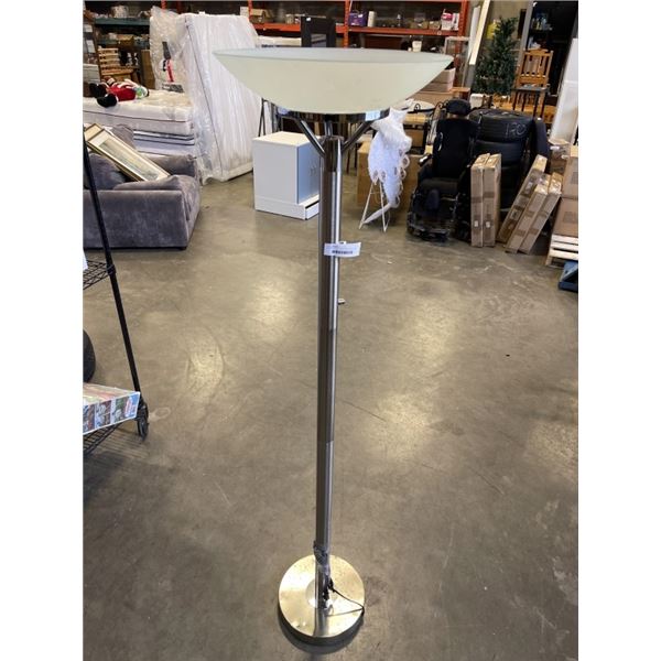 STAINLESS FLOOR LAMP W/ GLASS SHADE