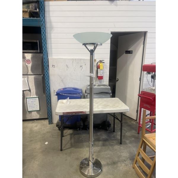 STAINLESS FLOOR LAMP W/ GLASS SHADE