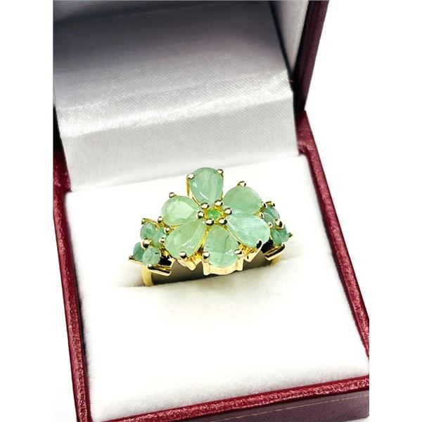 GOLD PLATED STERLING SILVER NATURAL EMERALD (4.52CT) RING, SIZE 9, W/A $500.00. EMERALD IS THE BIRTH