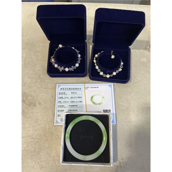 2 NEW PEARL BRACELETS AND AUTHENIC JADE BRACELET