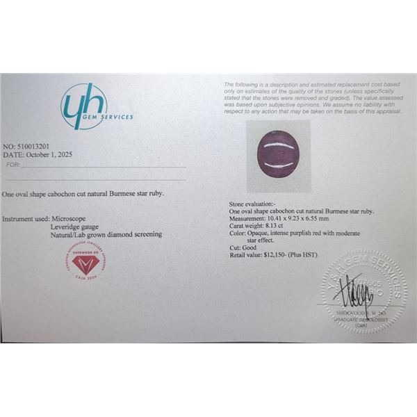 8.13 CT CERTIFIED BURMESE STAR RUBY GEMSTONE UNTREATED ($12,150 APPRAISAL)