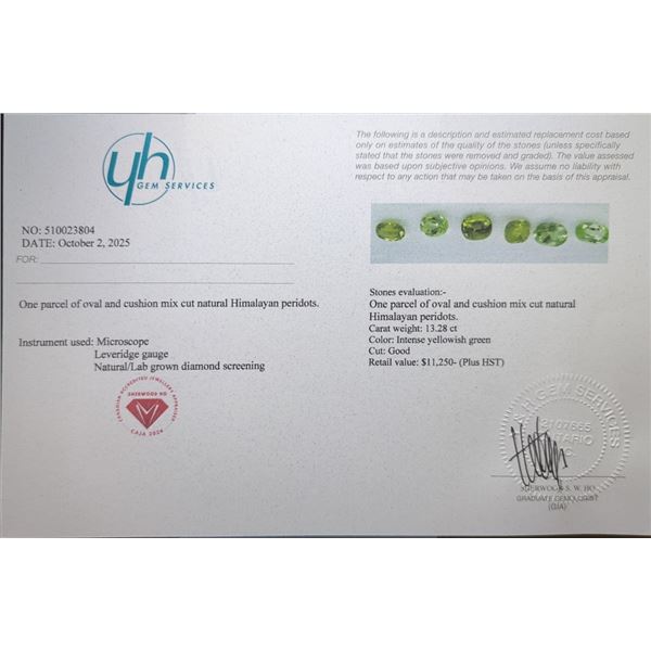 13.28 CT CERTIFIED HIMALAYAN PERIDOT GEMSTONE PARCEL ($11,250 APPRAISAL)