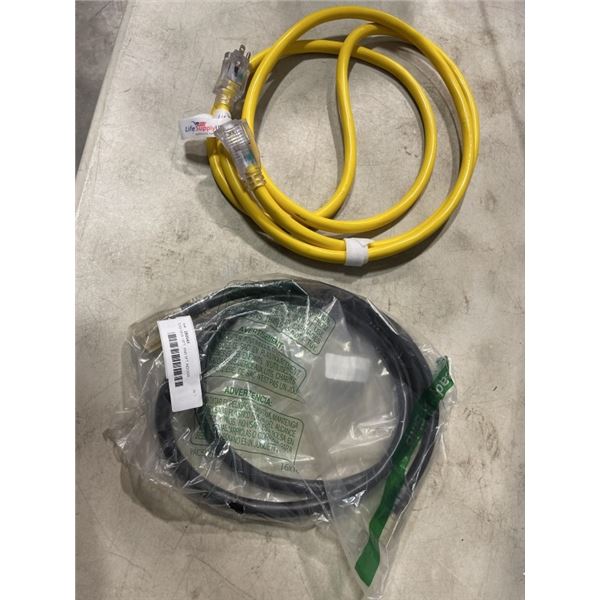 2 AS NEW 10FT  AND 5FT INDOOR OUTDOOR HEAVY DUTY LIGHTED 3 WIRE EXTENSION CORD, 10 AWG, YELLOW AND B