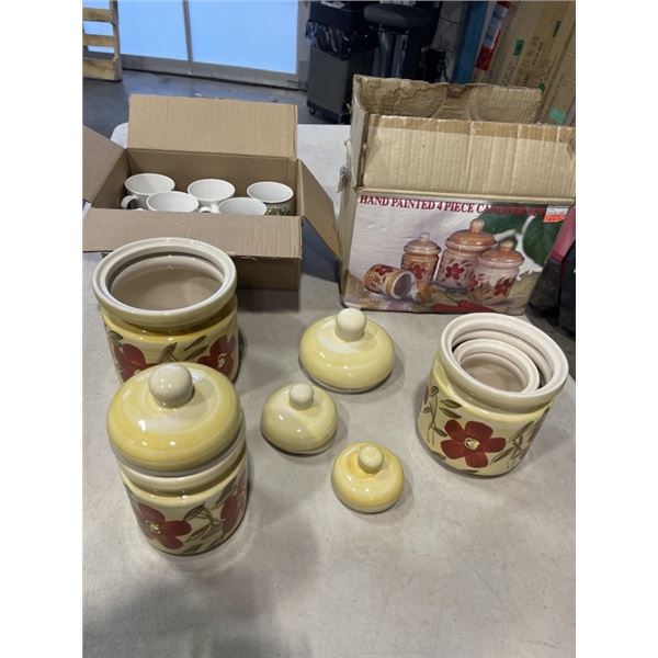 VINTAGE CANNISTER SET AND BOX OF COFFEE MUGS