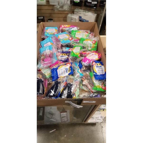 BOX OF VINTAGE MOSTLY SEALED COLLECTIBLE BARBIE MCDONALD'S TOYS