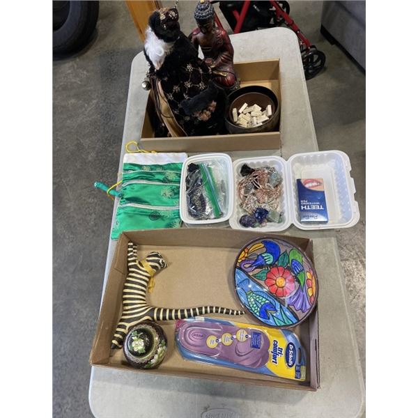 2 TRAYS OF COLLECTIBLES, SANTA FIGURE AND JEWELLERY MAKING SUPPLY