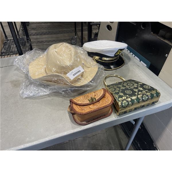 COWBOY HAT, CAPTAIN HAT, LEATHER EMBOSSED PURSE ETC