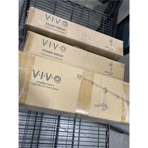 3 VIVO MONITOR DESK STANDS, 2 SINGLE STANDS AND ONE TRIPLE
