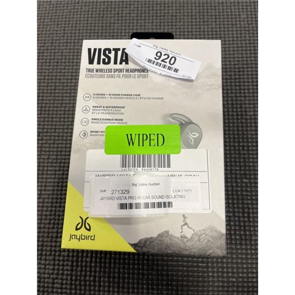 JAYBIRD VISTA PRO IN EAR SOUND ISOLATING HEADPHONES - TESTED WORKING, RETAIL $129