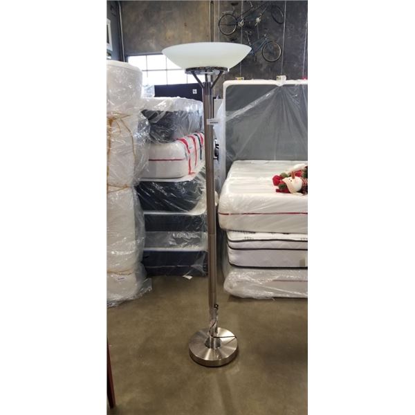 STAINLESS FLOOR LAMP W/ GLASS SHADE