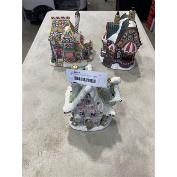 3 CHRISTMAS VILLAGES - SWEET MENU SHOP, GUM DROP SHOP, AND FROSTYS PUB