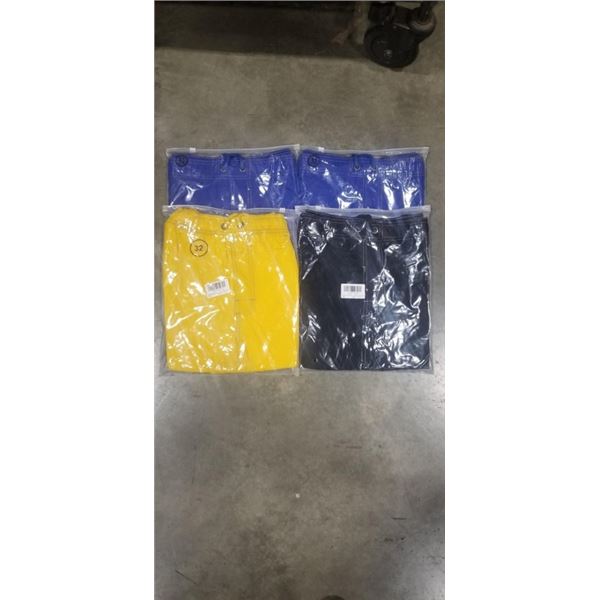 4 NEW PAIRS OF SHORTS SIZE 32, 2 BLUE, ONE BLACK, ONE YELLOW