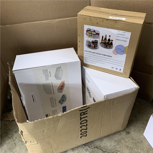 NEW TWO-PIECE LAZY SUSAN TURNTABLES SET AND TWO NEW SIX PIECE REFRIGERATOR BIN SETS