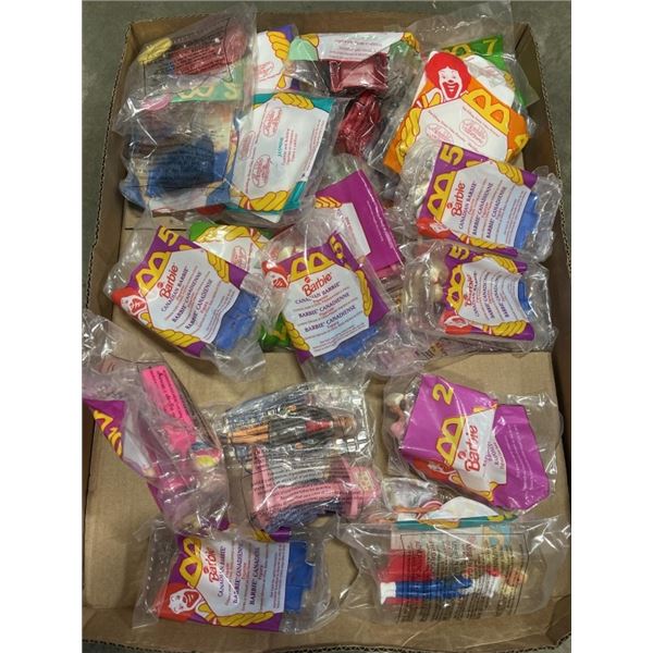 BOX OF VINTAGE MOSTLY SEALED COLLECTIBLE BARBIE MCDONALD'S TOYS