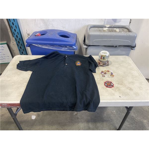 BOX OF VINTAGE FIREFIGHTER ITEMS - PINS, SHIRT, GLOBE, ETC