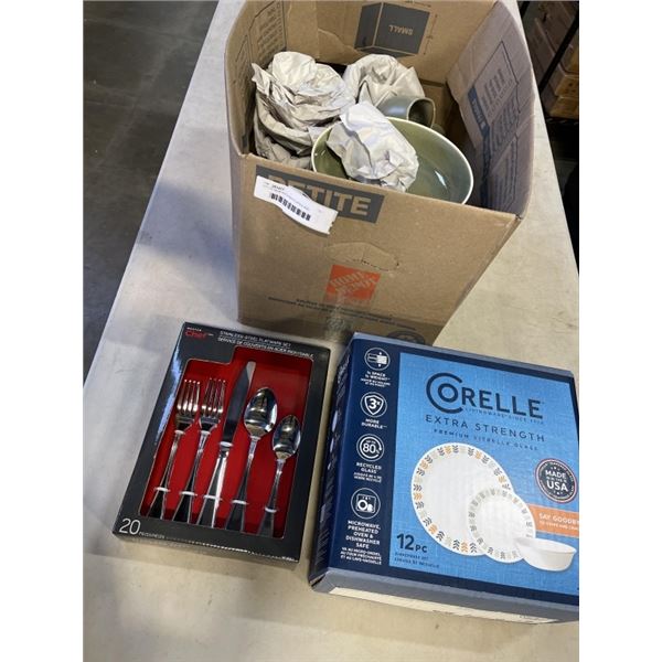 LOT OF NEW KITCHEN PLATES AND CUTLERY SET