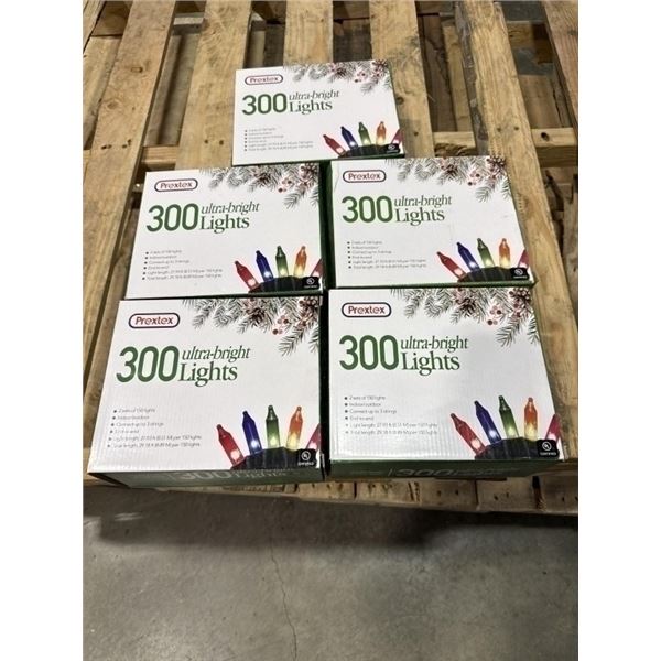 5 NEW PREXTEX 300 ULTRA BRIGHT LIGHTS CHRISTMAS LIGHT STRANDS, EACH BOX HAS 2 SETS OF 29FT STRANDS, 