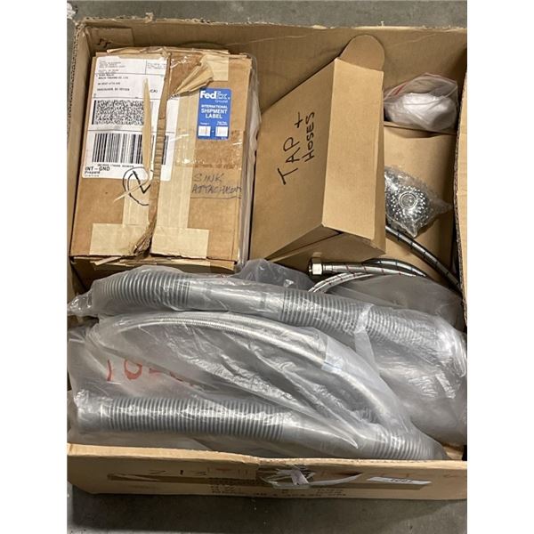 BOX OF NEW WATER SHUT OFF VALVES BRAIDED HOSES AND MORE