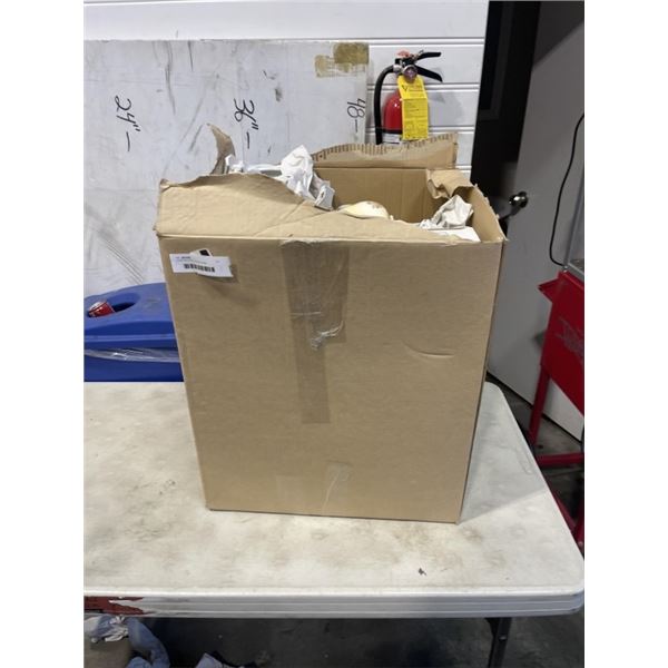 LARGE BOX OF KITCHEN ITEMS - GLASSWARE, CHINA, TOASTER OVEN, ETC