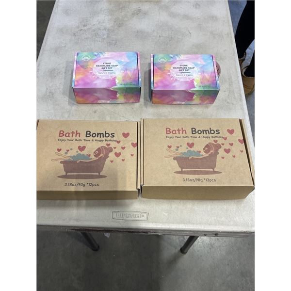 2 BATHBOMBS GIFT SETS AND 2 STONE HANDMADE SOAP GIFT SETS