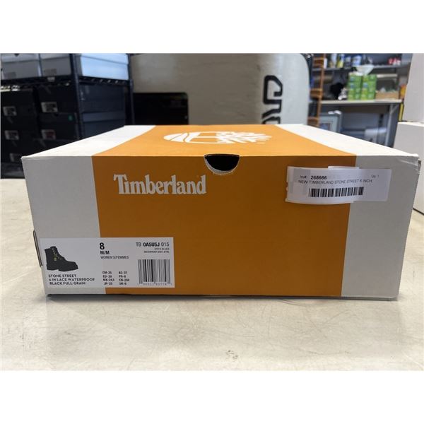 NEW TIMBERLAND STONE STREET 6 INCH LACE WATERPROOF BLACK FULL GRAIN LEATHER BOOTS SIZE WOMENS 8