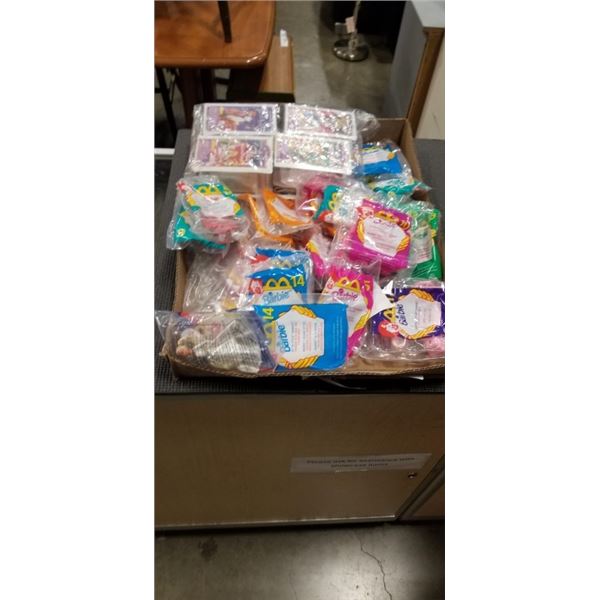 BOX OF VINTAGE MOSTLY SEALED COLLECTIBLE BARBIE MCDONALD'S TOYS