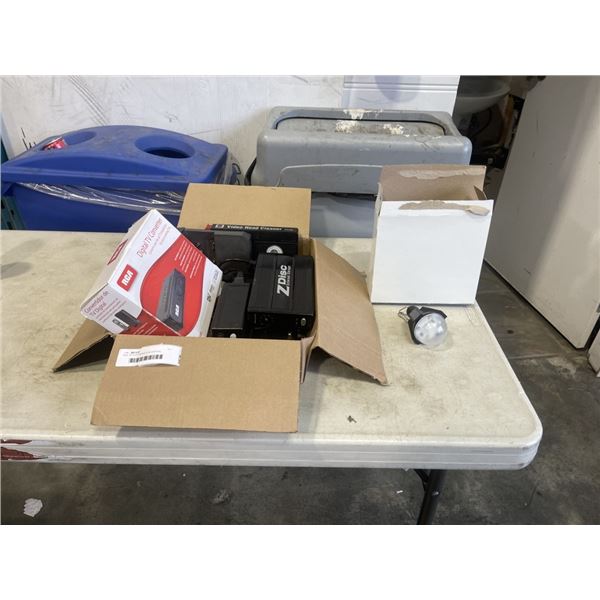 BOX OF ELECTRONICS W/ VINTAGE CASSETTE ADAPTERS, VHS, Z DRIVE STORAGE 400GB, 6 SOLAR, LIGHTS