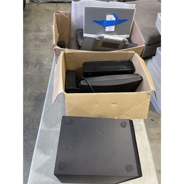 2 BOXES OF GAMING CONSOLES, SPEAKERS, ETC - FOR PARTS