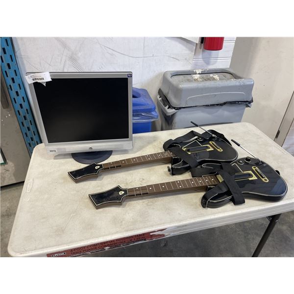 2 GUITAR HERO GAMING GUITARS AND COMPUTER MONITOR