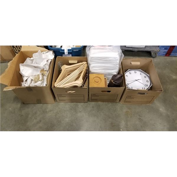 4 BOXES OF NEW HOUSEHOLD ITEMS - WOODEN HANGERS, PICTURE FRAMES, WALL CLOCKS, ETC