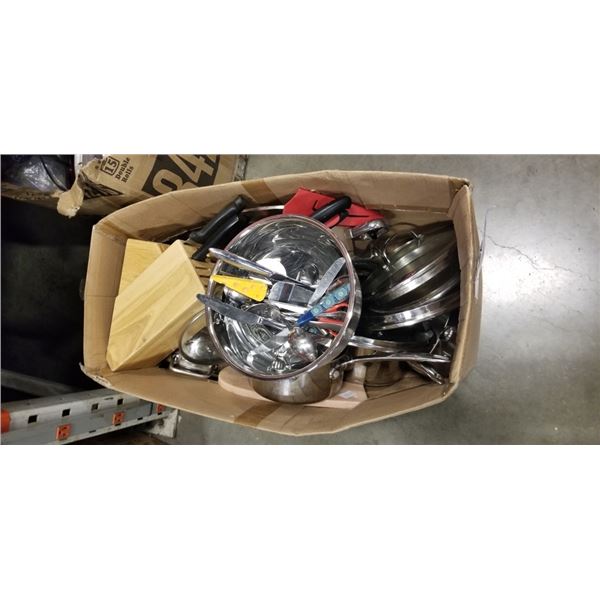 BOX OF COOKWARE, CULINARY KNIVES AND MORE