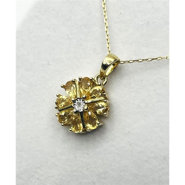 GOLD PLATED STERLING SILVER NATURAL CITRINE (1CT) AND NATURAL DIAMOND (0.01CT) FLOWER PENDANT WITH