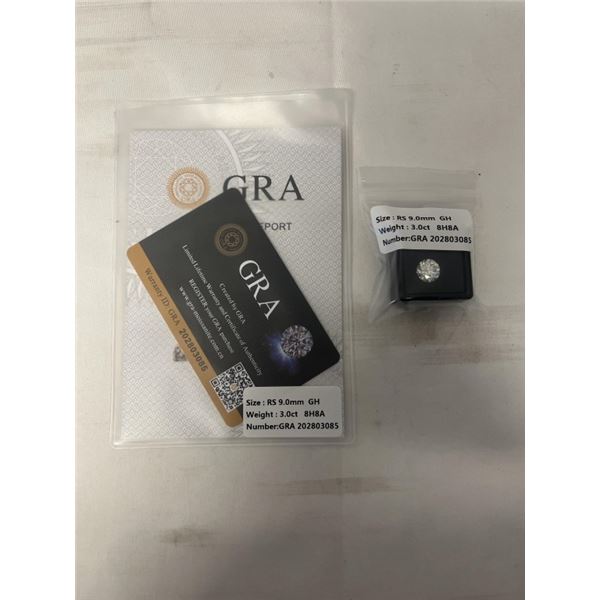 NEW 3.0 CARAT MOISSANITE LAB DIAMOND, ROUND BRILLIANT CUT, GH-VVS1, GRA REPORT, TESTS POSITIVE W/ DI