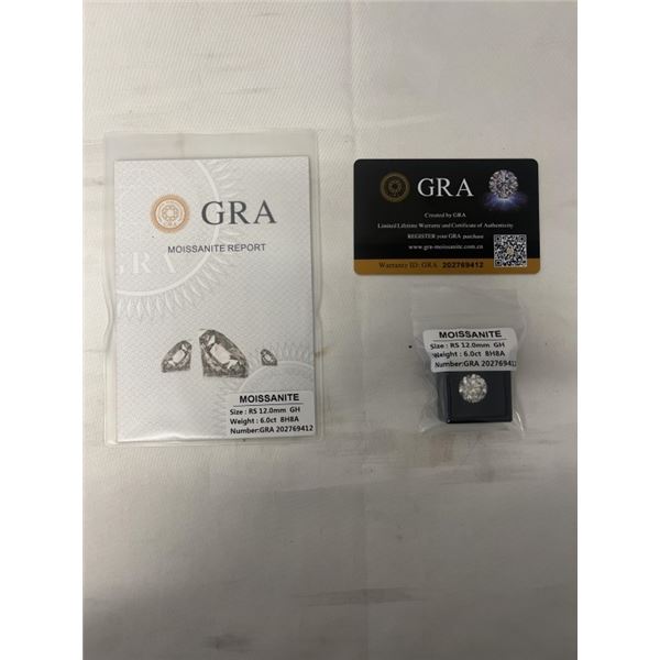 NEW 6.0 CARAT MOISSANITE LAB DIAMOND, ROUND BRILLIANT CUT, GH-VVS1, GRA REPORT, TESTS POSITIVE W/ DI