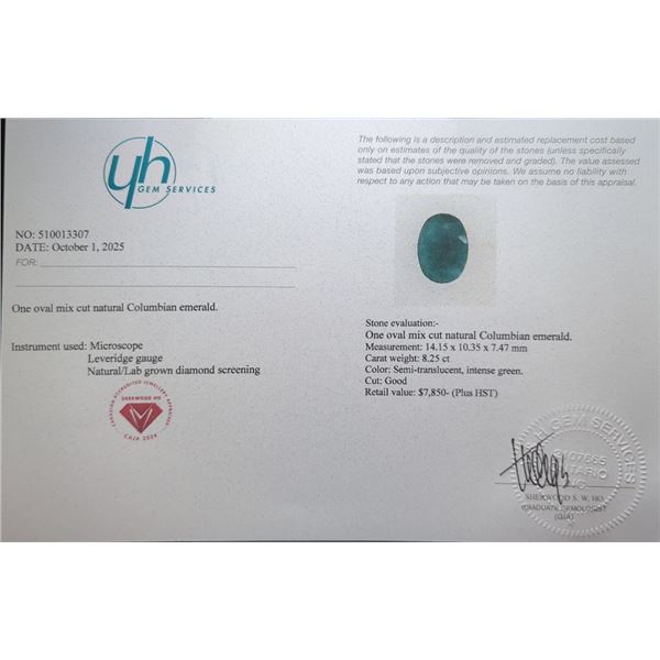 8.25 CT CERTIFIED COLOMBIA EMERALD GEMSTONE ($7,850 APPRAISAL)