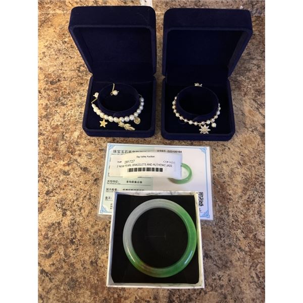 2 NEW PEARL BRACELETS AND AUTHENIC JADE BRACELET