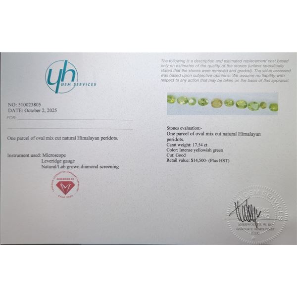 17.56 CT CERTIFIED HIMALAYAN PERIDOT GEMSTONE PARCEL ($14,500 APPRAISAL)
