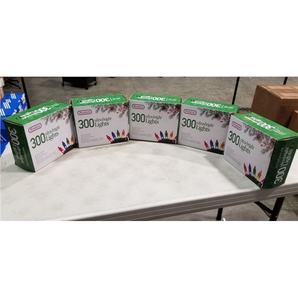 5 NEW PREXTEX 300 ULTRA BRIGHT LIGHTS CHRISTMAS LIGHT STRANDS, EACH BOX HAS 2 SETS OF 29FT STRANDS, 